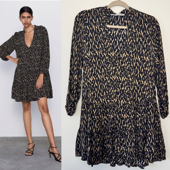 Zara Animal Print Dress V Neck Black Tan Flounce Swing Tiered Skirt Leopard Sz S - Picture 1 of 14